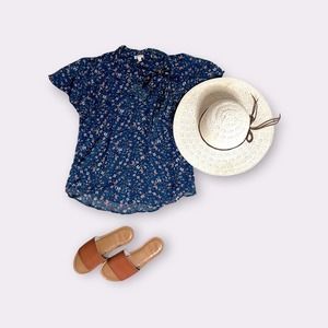 Blue Floral Light Weight Flowy Women's Top with Bow | Size M